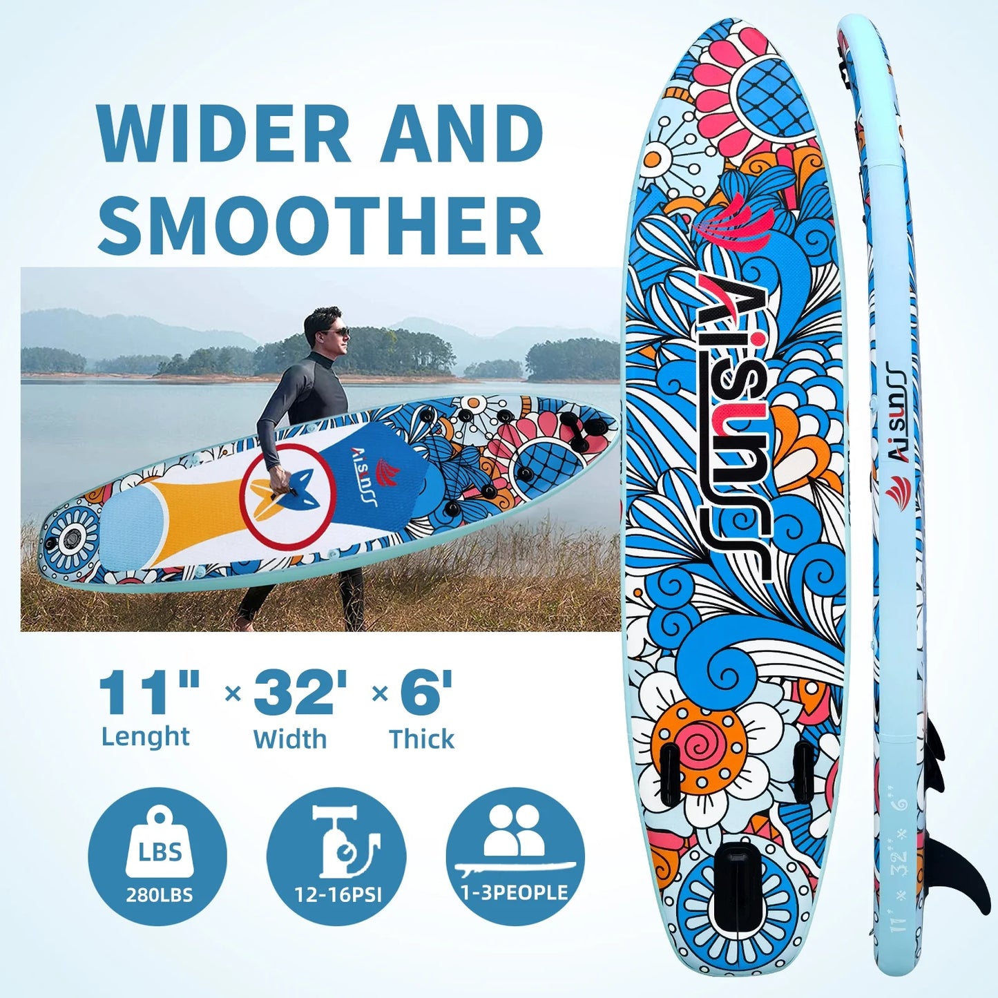 AISUNSS Inflatable Stand Up Paddle Board, 11ft Fishing Paddle Board with SUP Accessories