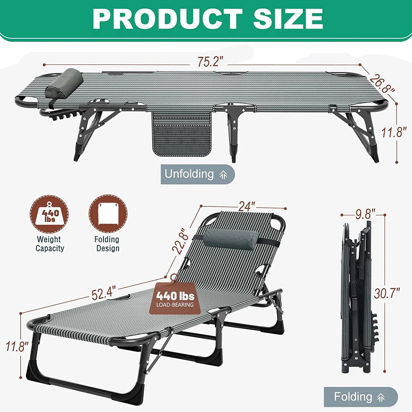 Slsy Folding Lounge Chair, 5-Position Adjustable Outdoor Reclining Chair, Folding Sleeping Bed Cot, Folding Chaise Lounge Chair for Pool Beach Patio Sunbathing