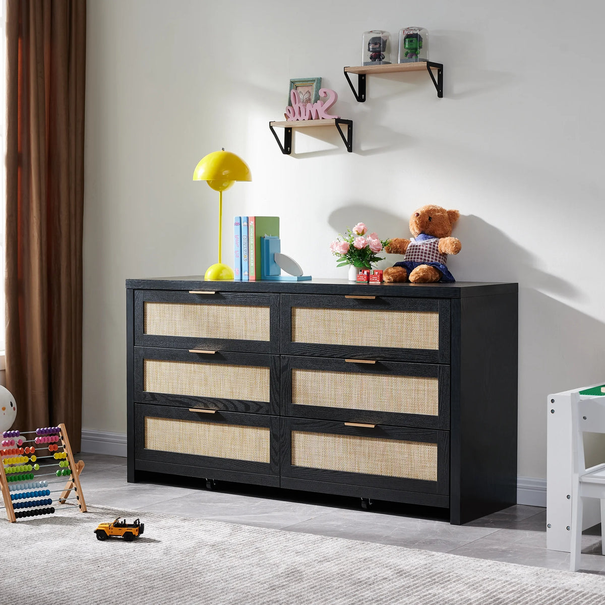 SICOTAS 56.85" 6 Drawer Dresser,Rattan Dresser with Storage,Boho Dressers & Chests of Drawers Wooden Tall  Dresser for Bedroom