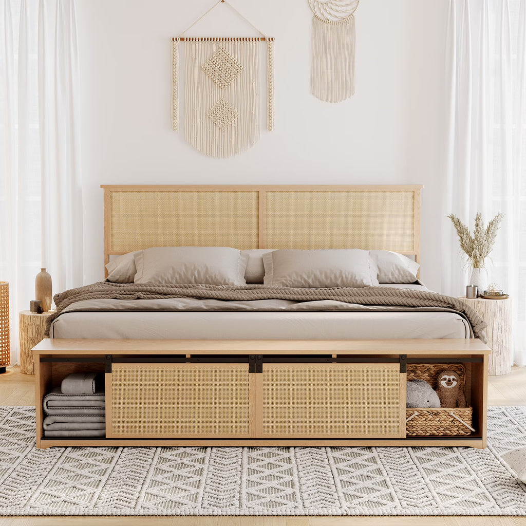 Natural Rattan Bed Frame with Sliding Barn Door Storage Cabinets and LED Light Headboard, Farmhouse Wood Platform Bed with Solid Wood Legs Support