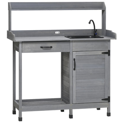 Outsunny Potting Bench Prep Table with Faucet, Sink, and Storage, Gray