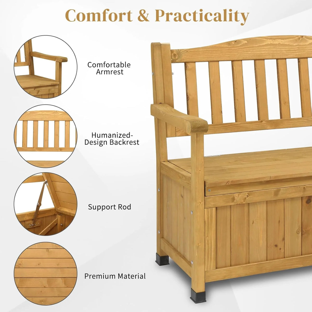 Outvita Outdoor Wood Storage Bench, Wooden Large Deck Box with Seating & Armrest, Waterproof Patio Organizer Loveseat for Garden Porch Deck Backyard Poolside, Natural