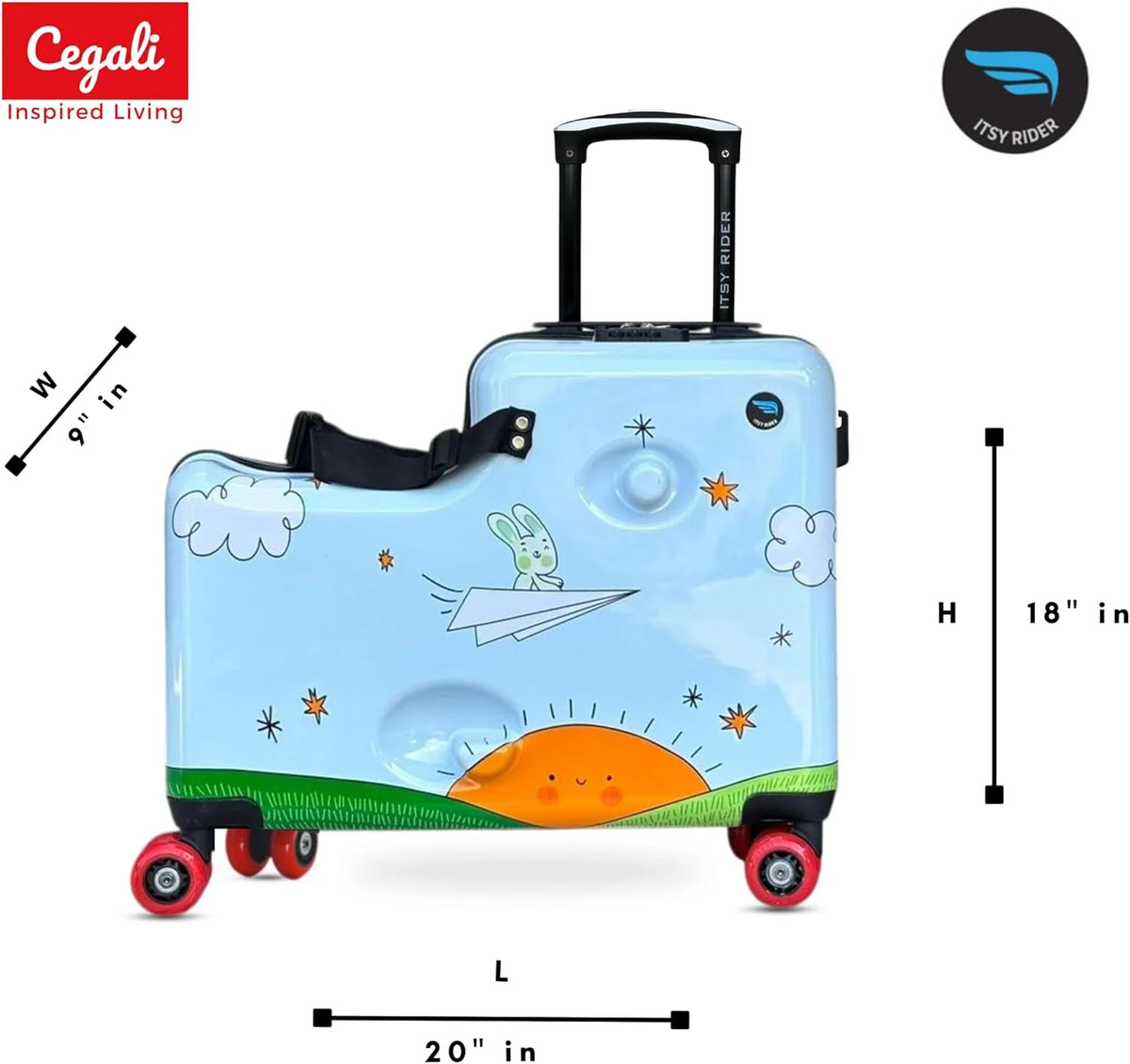 Cegali 2025 Itsy Rider 20" Ride-on Suitcase for Kids with Double Spinner Red Wheels (Green Safari)