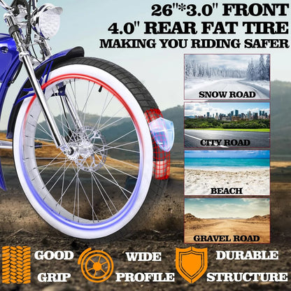 Twenty5 GT 800W Chopper Stretch Cruiser Ebike, 26" Wheels, Supsension Triple Tree Fork, White Wall Tire, Disc Brake, for Men, Blue