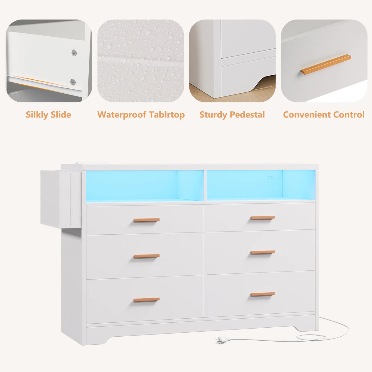 White Dresser for Bedroom,6 Drawers Dresserwith LED Lights and Charging Station, 47" Wide Bedroom Dresser Chest of Drawers Storage Organizer TV Stand for up to 55" TV for Living Room