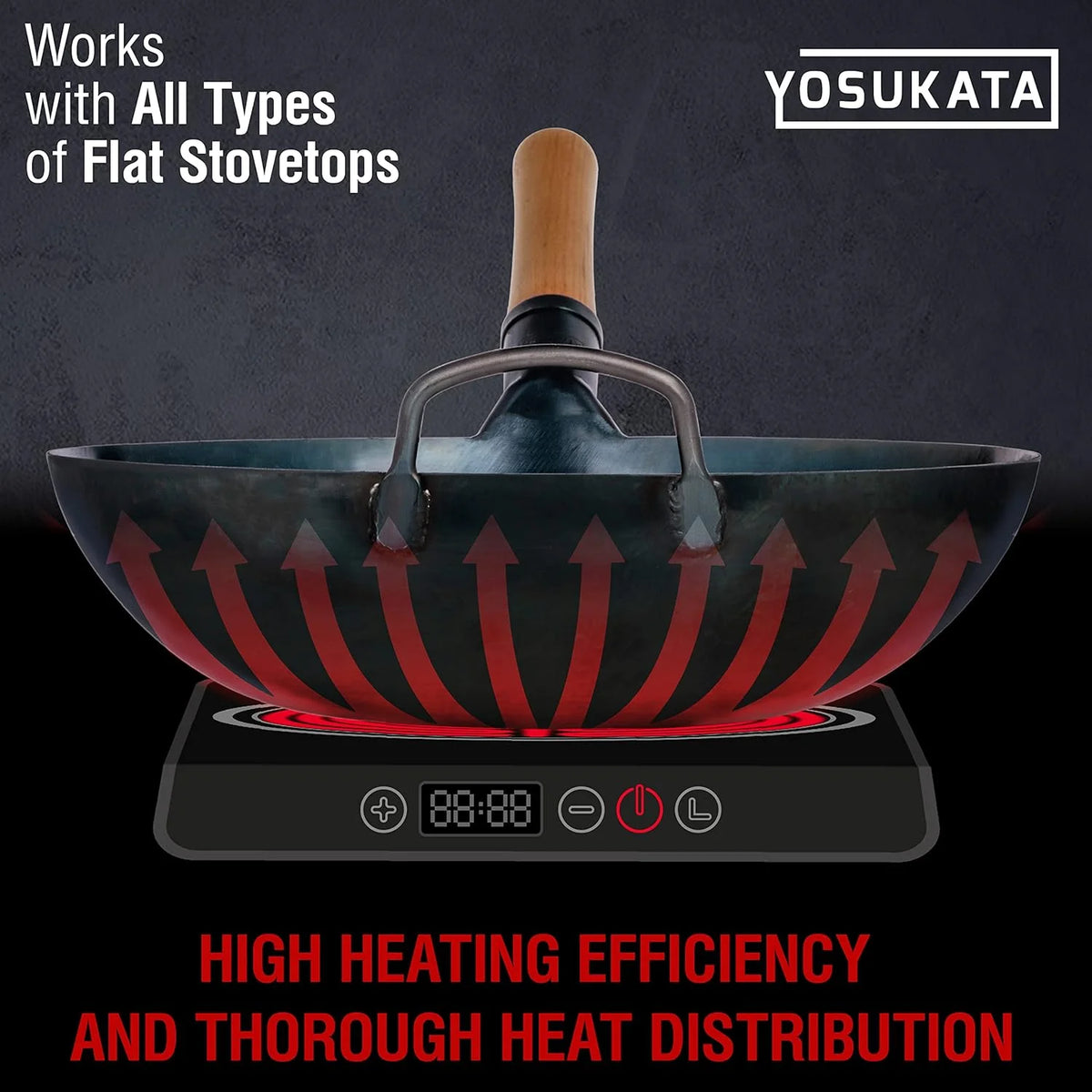 YOSUKATA 13.5" Carbon Steel Wok Pan �C Pre-Seasoned Flat Bottom Wok for Stir Fry, BBQ & Camping �C Works with Induction, Gas, Electric & Open Fire