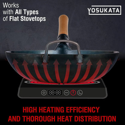 YOSUKATA 13.5" Carbon Steel Wok Pan �C Pre-Seasoned Flat Bottom Wok for Stir Fry, BBQ & Camping �C Works with Induction, Gas, Electric & Open Fire