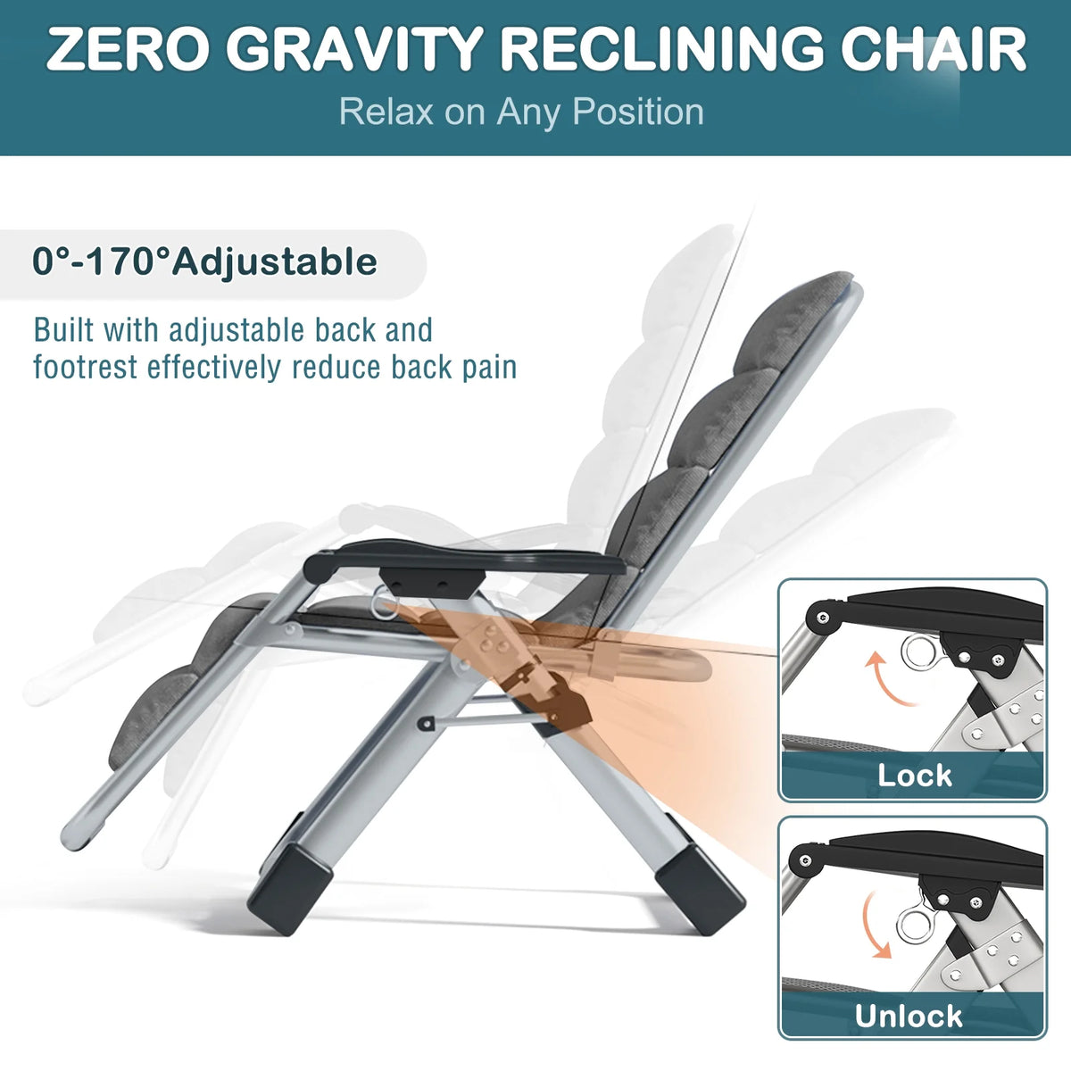NAIZEA Zero Gravity Chair with Removable Cushion and Cup Holder Black