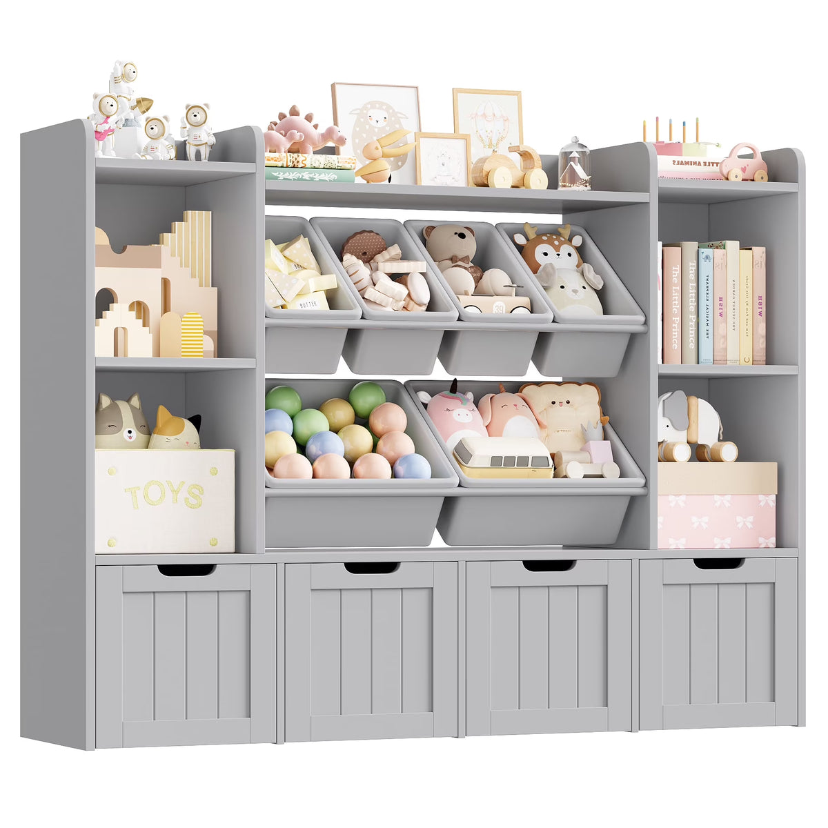 Hiphuta 3 Tier Kids Bookcase with Toy Storage Organizer, Wood Toy Organizer of 6 Boxes & 4 Removable Drawers, White