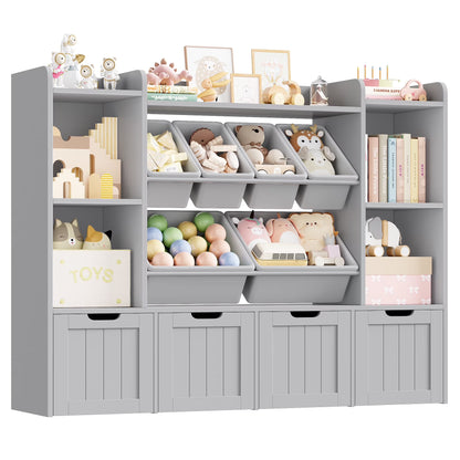 Hiphuta 3 Tier Kids Bookcase with Toy Storage Organizer, Wood Toy Organizer of 6 Boxes & 4 Removable Drawers, White