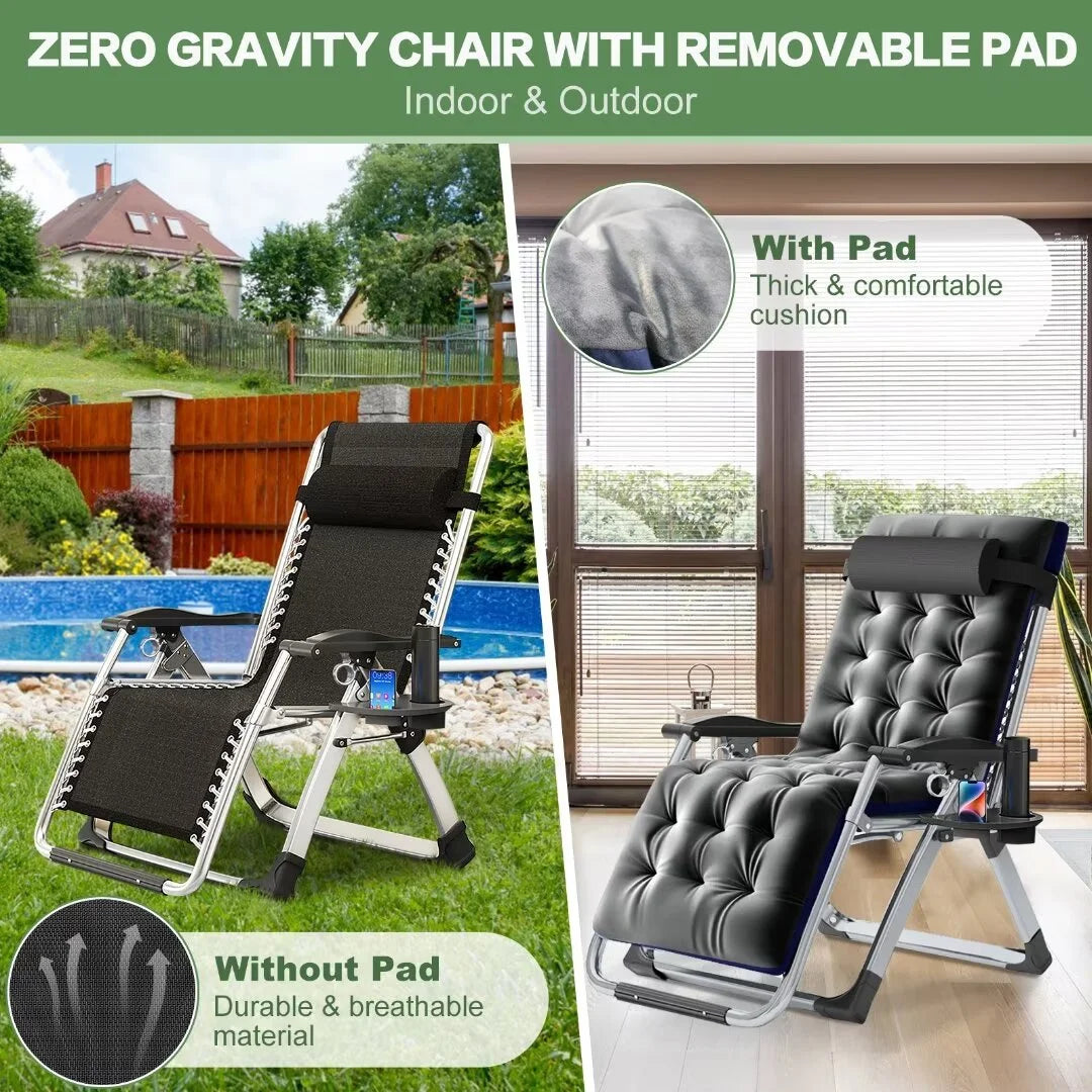 NAIZEA 2 Pack Zero Gravity Chair, Foldable Portable Lawn Recliner with Cushion, Headrest, Cup Holder, Black