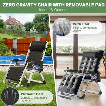NAIZEA 2 Pack Zero Gravity Chair, Foldable Portable Lawn Recliner with Cushion, Headrest, Cup Holder, Black