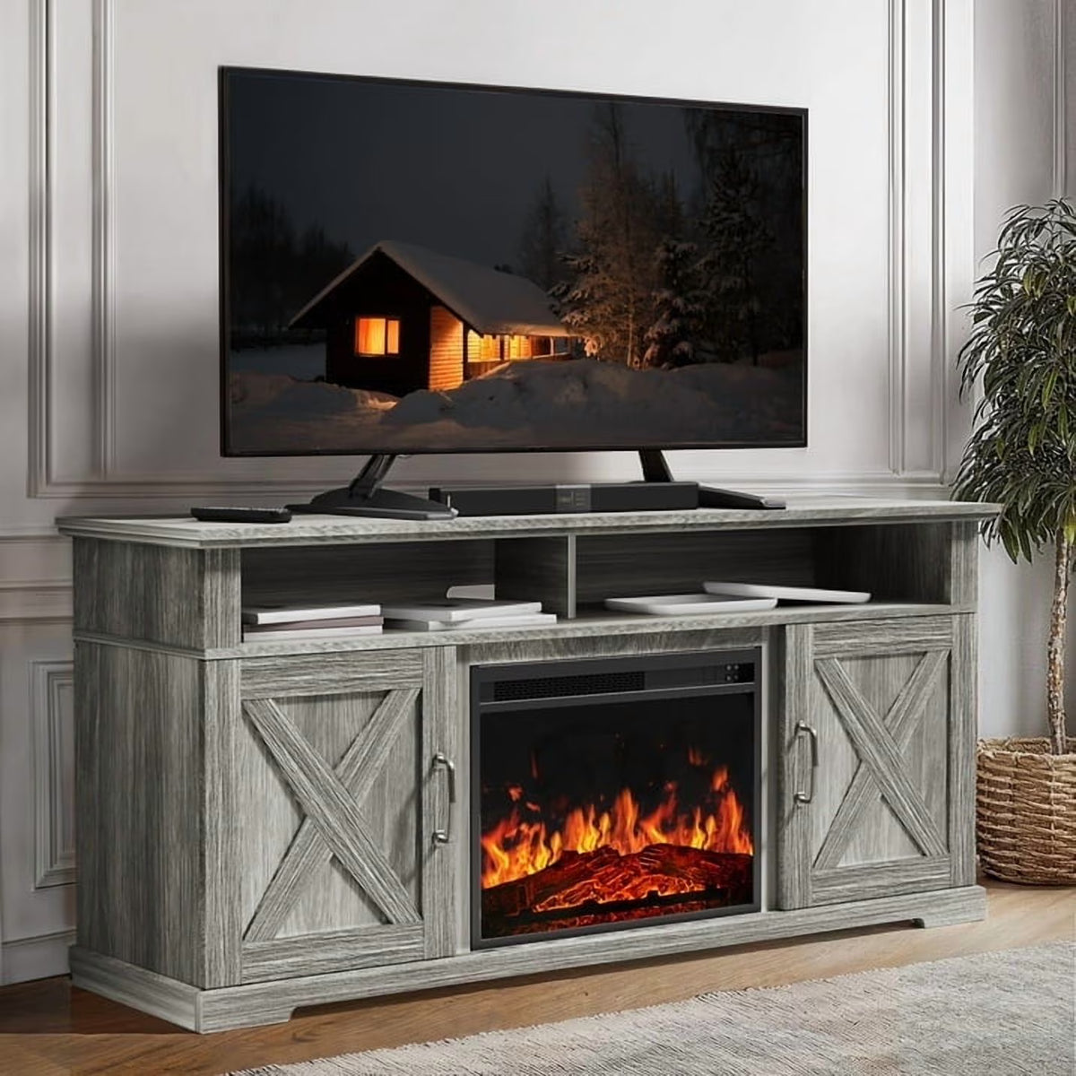 Electric Fireplace TV Stand for TVs up to 75", Farmhouse Entertainment Center with Fireplace, Grey