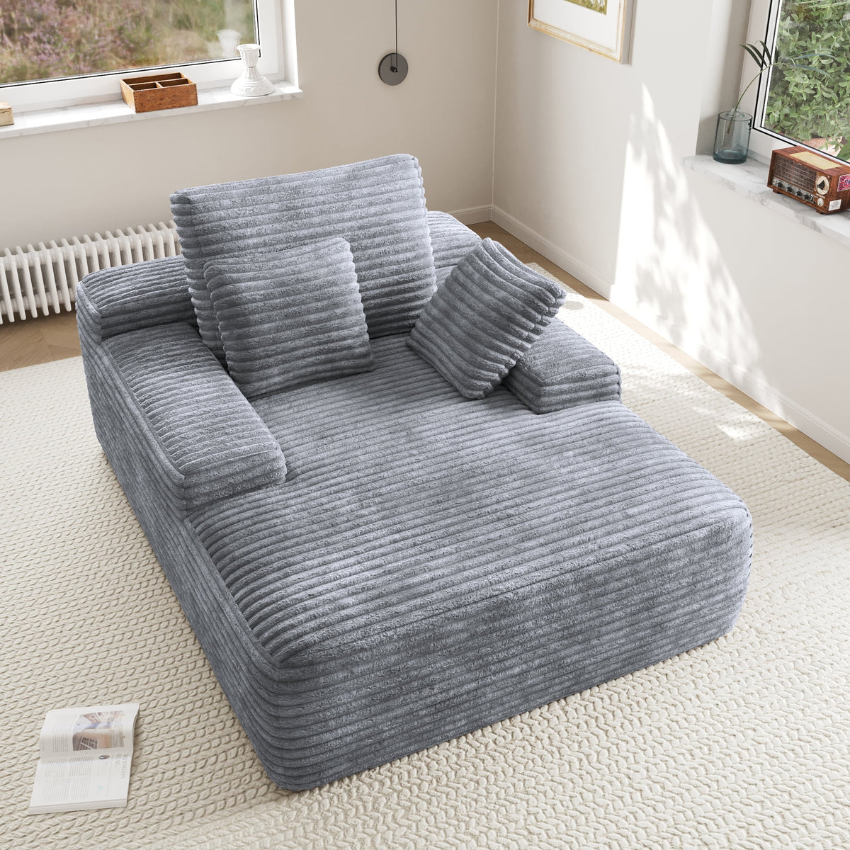 Sodrens Oversized Chaise Lounge Chair Indoor,Upholstered Sofa Bed with Throw Pillows and Armrests,Sleeper Chair for Living Room,Bedroom,Brown,Corduroy
