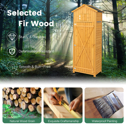 Costway Outdoor Lockable Wooden Storage Shed with Shelves, 71"x29.5"x20", Natural