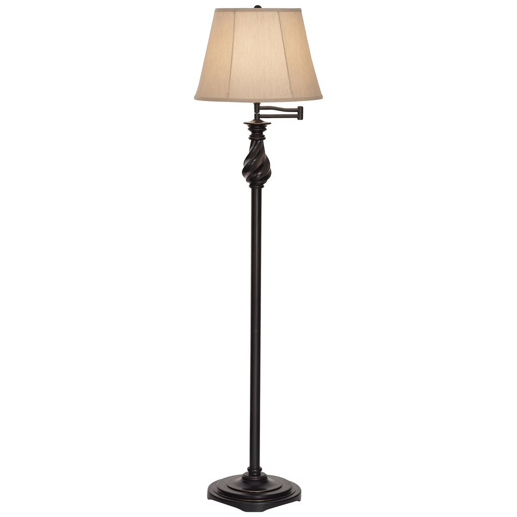 Regency Hill Traditional Swing Arm Floor Lamp 58" Tall Painted Black Bronze Swirl Font Faux Silk Beige Shade for Living Room Reading Office