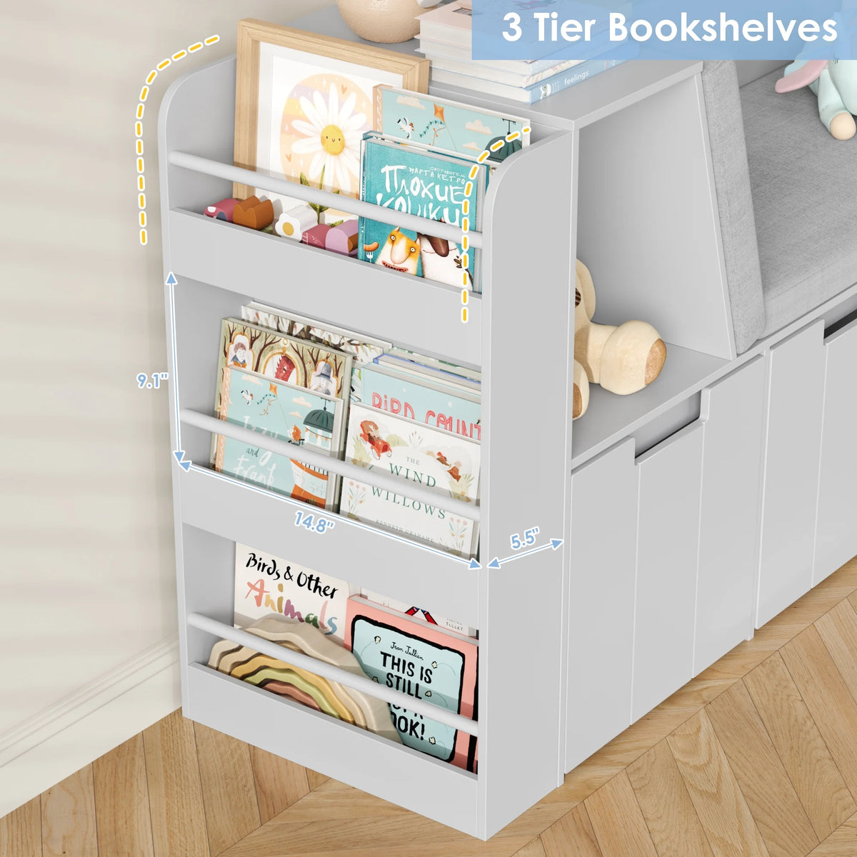Homfa 4-in-1 Kids Toy Storage Cabinet, Bookshelf with 3 Drawers, Sturdy Toy Organizer with Reading Nook for Kids Room Playroom, Gray