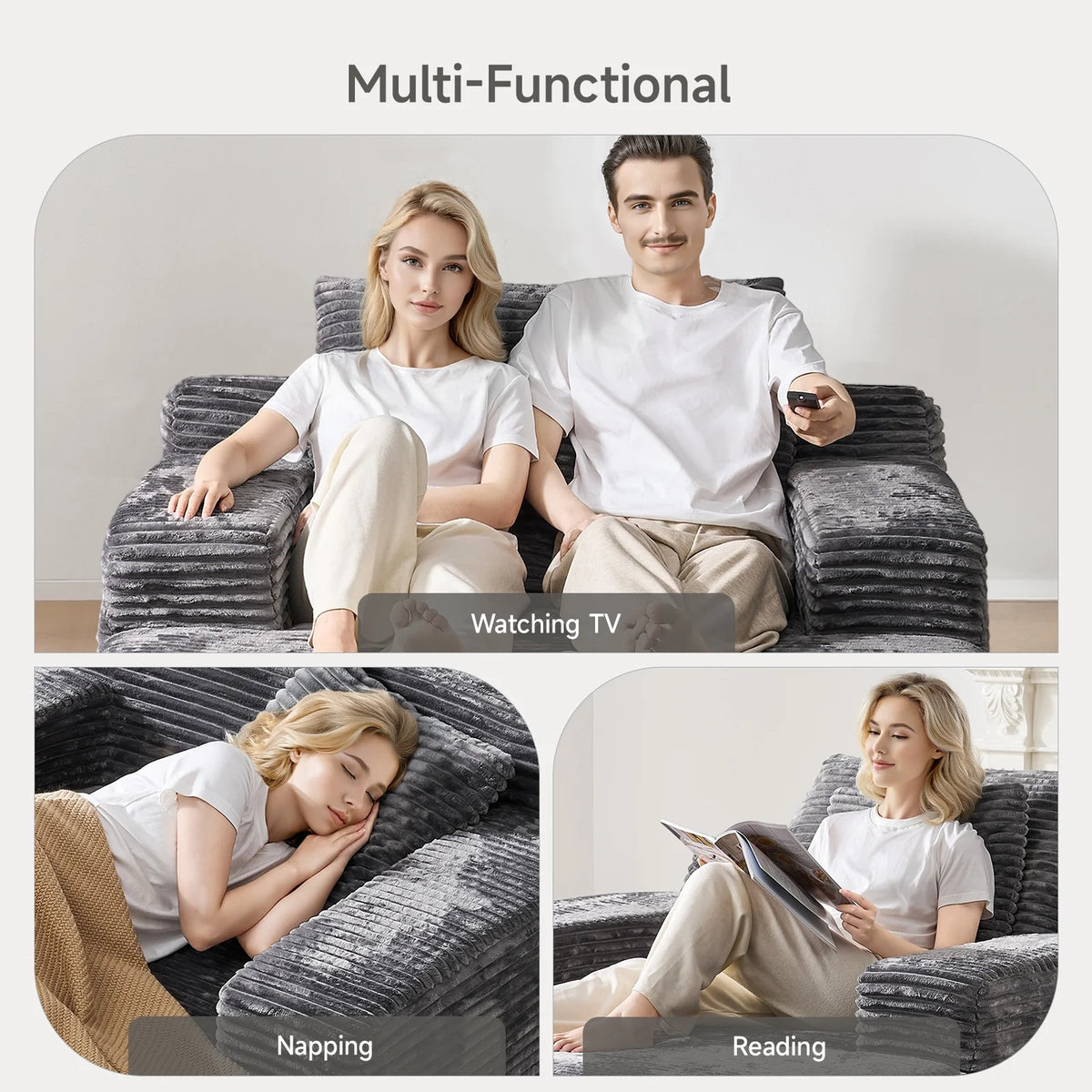 65" Corduroy Cloud Sleeper Chaise Lounge Chair, No Assembly Sofa Bed with Pillows, Beige