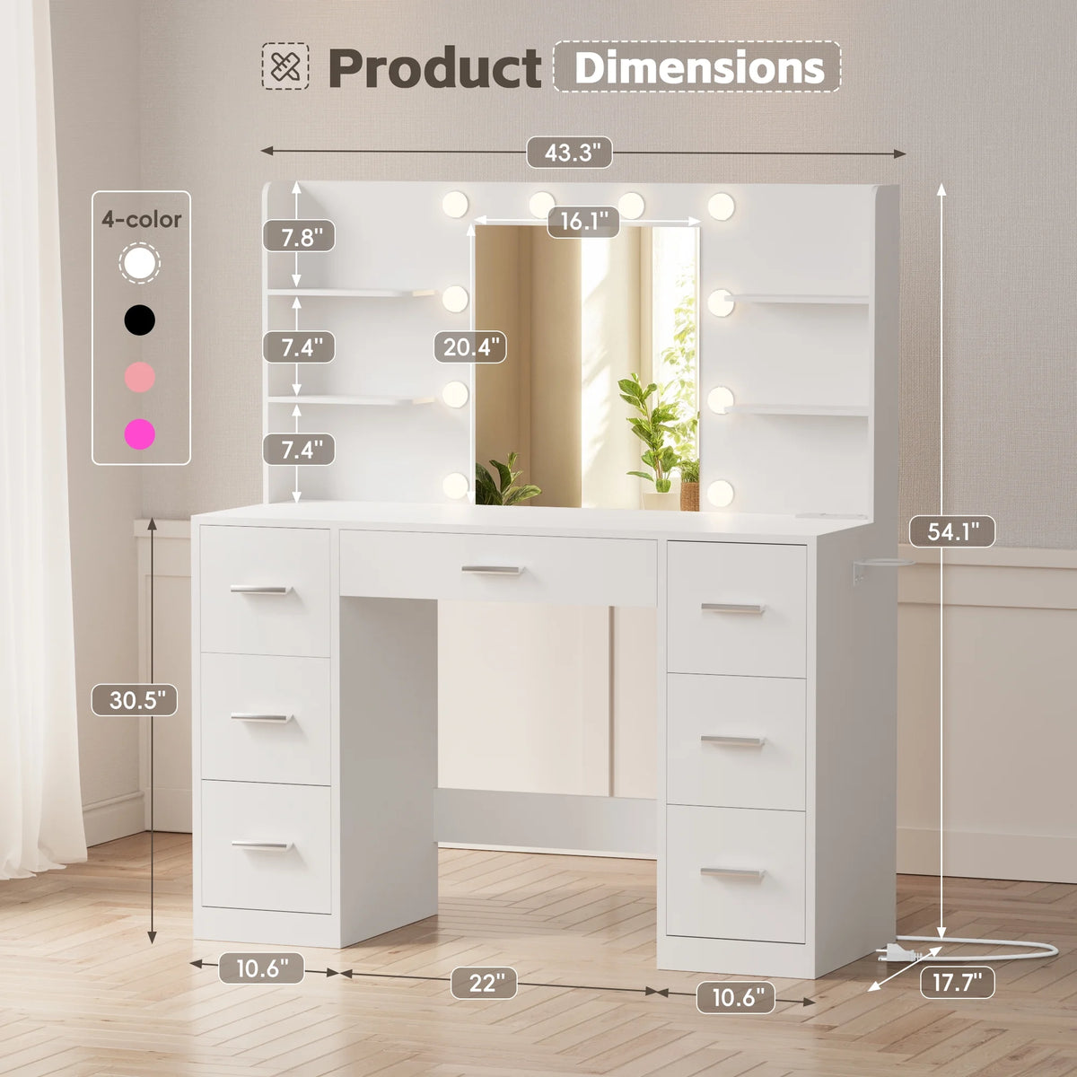 Lacoo Vanity Desk with Mirror and LED Lights, Makeup Vanity with 7 Drawers & 4 Shelves, Vanity Table with Power Outlet for Bedroom Dressing Room, White