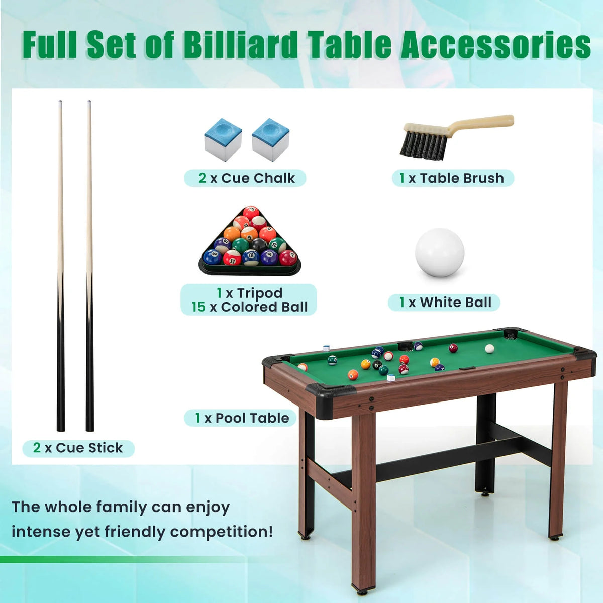 Costway 48" Pool Table for Kids & Adults with Full Set of Balls 2 Cue Sticks 2 Chalks Green