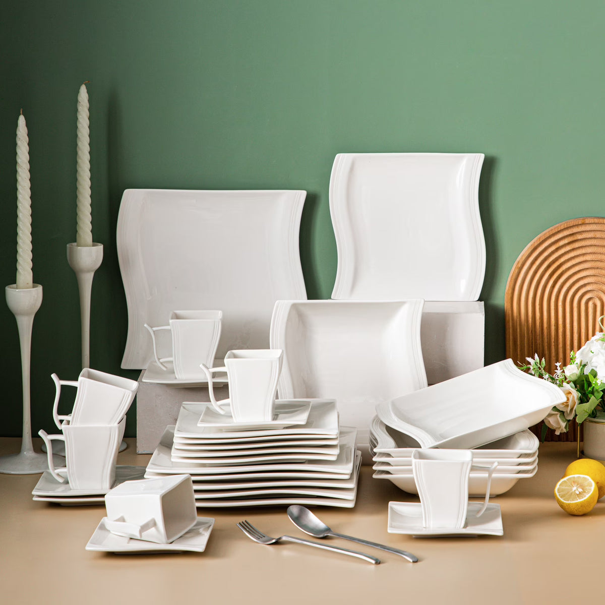 MALACASA Porcelain Tableware Sets, Ivory White, 30-Piece (6 Packs)