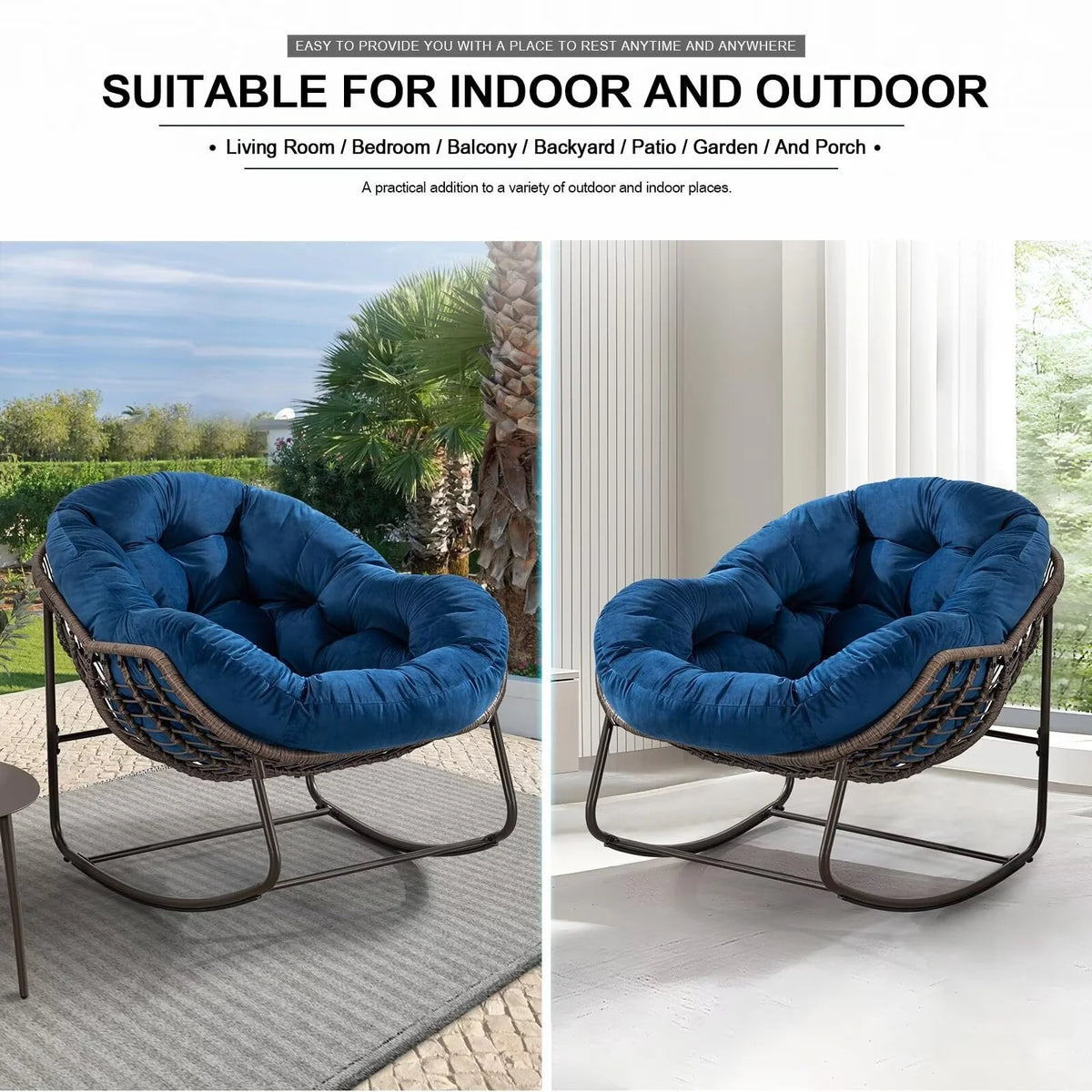 Outdoor Papasan Rocking Chair, Patio Oversized Wicker Egg Rocking Chair, Indoor & Outdoor Comfy Rocker Chair with Thick Cushion, Modern Lounge Chair for Front Porch, Garden, Backyard, Grey