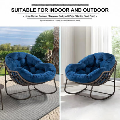 Outdoor Papasan Rocking Chair, Patio Oversized Wicker Egg Rocking Chair, Indoor & Outdoor Comfy Rocker Chair with Thick Cushion, Modern Lounge Chair for Front Porch, Garden, Backyard, Grey