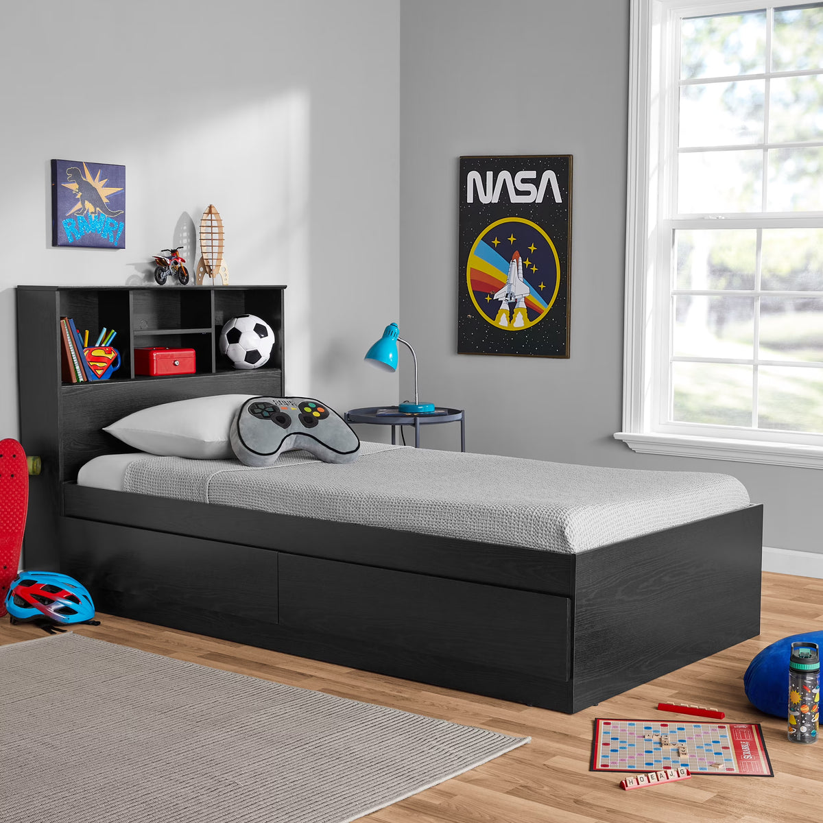 Your Zone Easy to Assemble Storage Bed with Bookcase Headboard, Twin, Natural Teak Finish