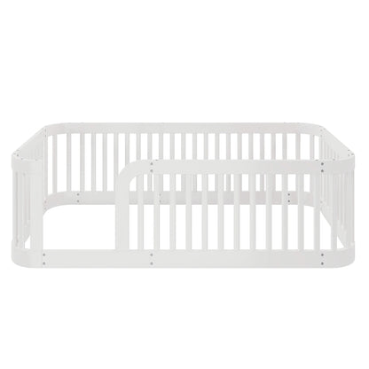 Euroco Twin Size Floor Bed with Fence for Kids Teens and Toddlers, White