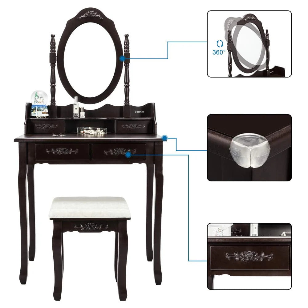 UBesGoo 4 Drawer Vanity Makeup Dressing Table Set w/Stool&Mirror Jewelry Wood Brown