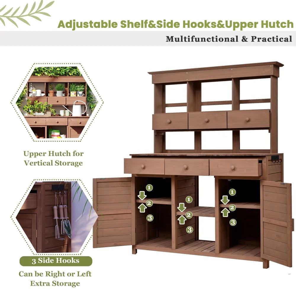 Rustic 65.7'' Tall Garden Potting Bench Table with Hutch, 3 Shelves, 6 Drawers, 2 Cabinets & 3 Side Hooks for Mudroom, Patio, 3 Color