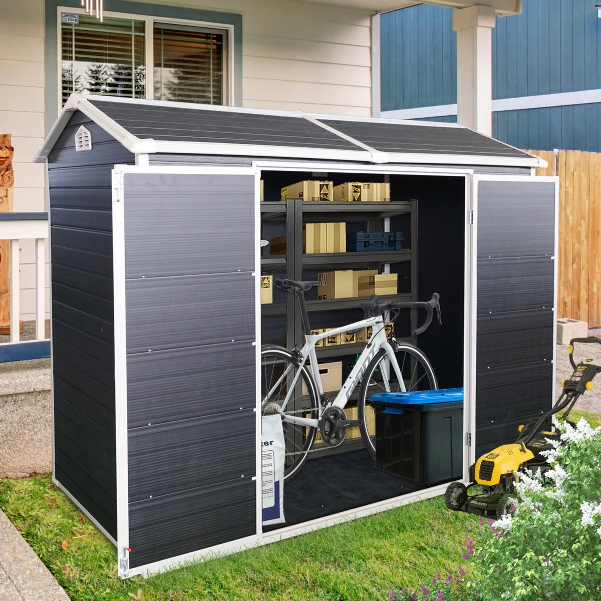 8x4 FT Outdoor Storage Shed with Floor, Resin Garden Sheds with Lockable Door, Vents & Windows, Weather Resistant Tool Shed with Sloped Roof for Backyard Patio, Grey