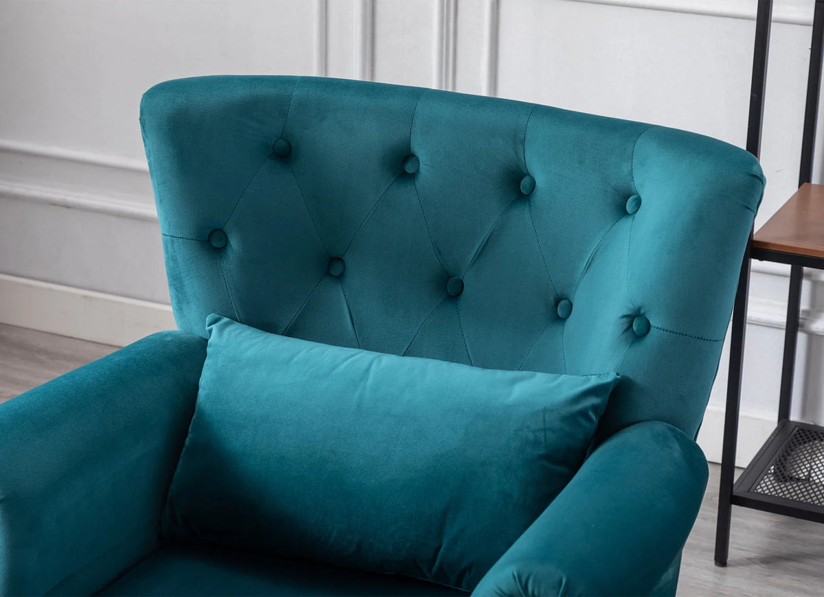 Guyou Mid Century Accent Chair Modern Button Tufted Armchair Wingback Club Chair Velvet Single Sofa Lounge Chair with Pillow for Living Room Bedroom, Teal Blue