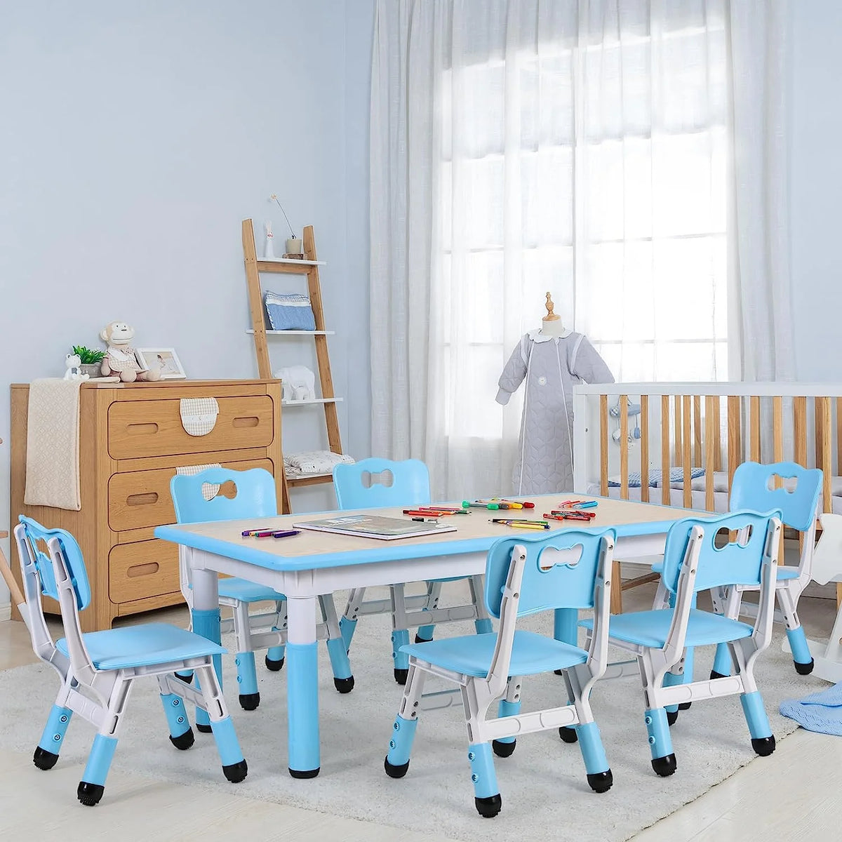 Arlopu Adjustable Kids Table and 6 Chairs Set, Toddler Play Activity Table Set with Graffiti Tabletop, Preschool Kids Furniture Table Set for Reading, Drawing, Eating