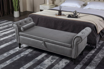 JINS&VICO 63'' Velvet Storage Ottoman Bench, Upholstered Tufted Sofa Stool with Rolled Armrest and Nailhead Trim, Rectangular Chaise Lounge with 1 Pillow for Living Room Bedroom, Gray