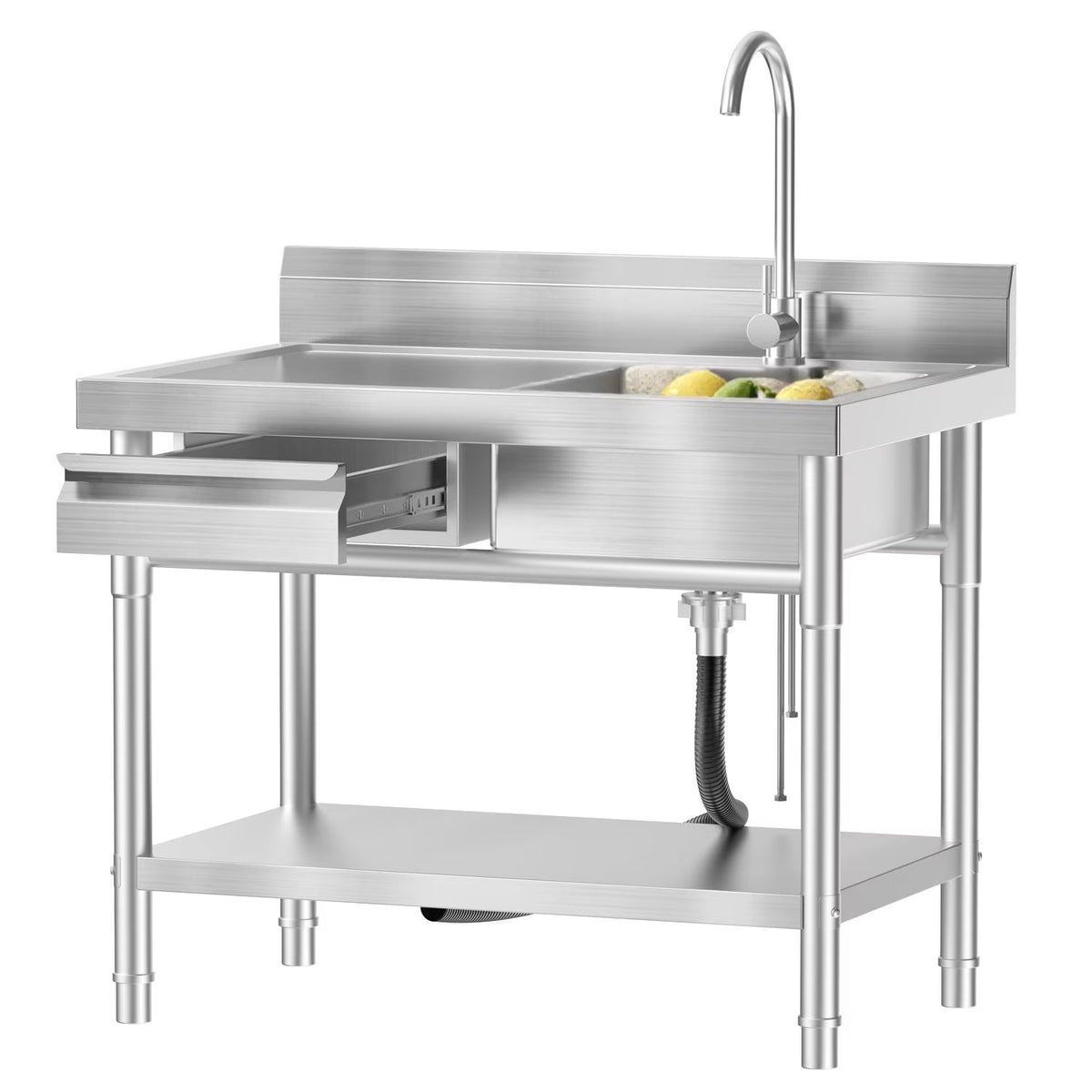 Stainless Steel Utility Sink Commercial Kitchen Sink 40'' Free Standing Tool Sink with Drawer & Cold and Hot Water Pipe for Kitchen Laundry Room Depot Indoor and Outdoor