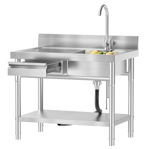 Stainless Steel Utility Sink Commercial Kitchen Sink 40'' Free Standing Tool Sink with Drawer & Cold and Hot Water Pipe for Kitchen Laundry Room Depot Indoor and Outdoor