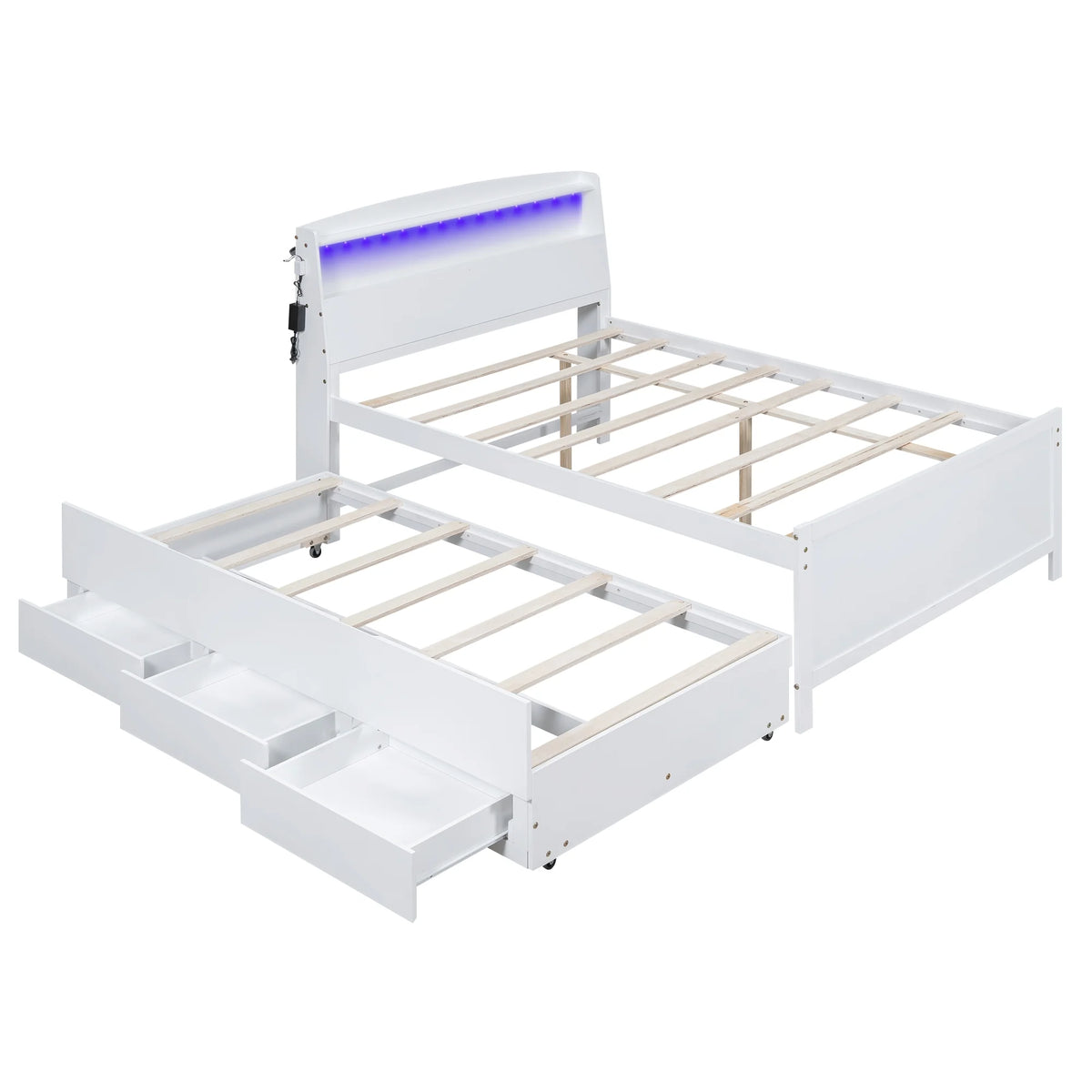 Euroco Wood Twin Size Platform Bed with Storage Headboard, Drawers Trundle and LED Light, White