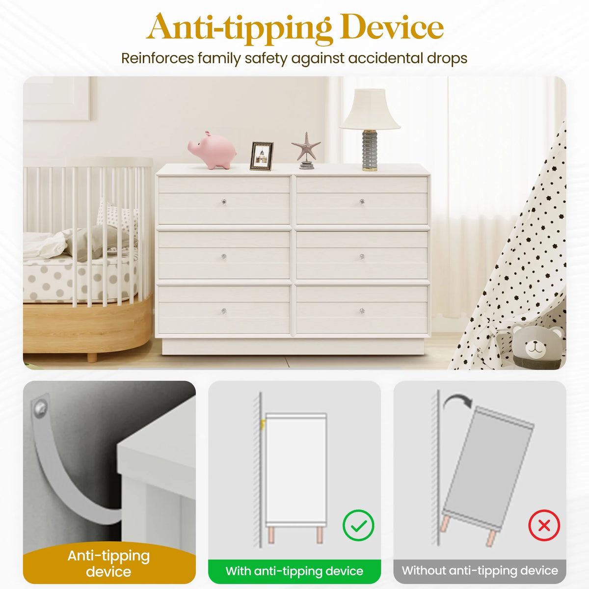 May Color Large White 3 Drawer Dresser Set of 2 with Fluted Panel, Modern Chest of Drawers with Silent Slide Drawers, Wood Accent Nightstand with Storage for Bedroom Living Room, Hallway