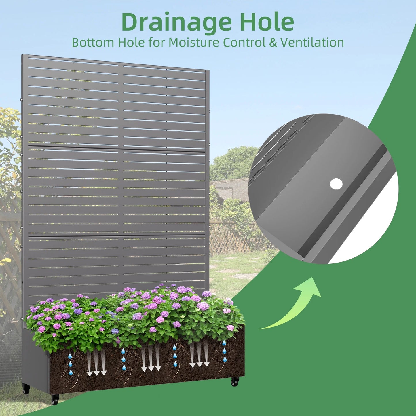 MAYEERTY 47*16*47"Outdoor White Metal Planter with Rect Louvered Climbing Trellis, Drainage hole & Wheels