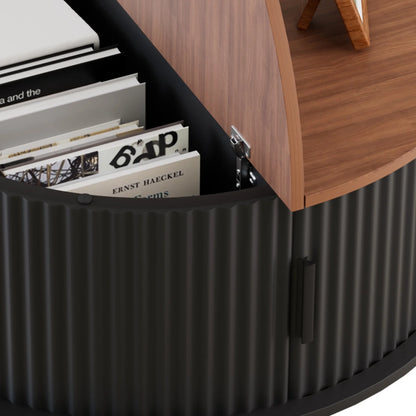 RUMLIVE Round Coffee Table with Storage, 30.7" Modern Coffee Table with 360�� Curved Sliding Door, Fluted Wood Coffee Table with Footpads, Round Center Table for Living Room, Black