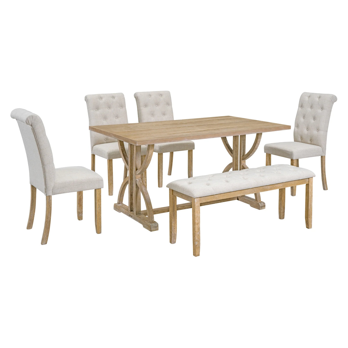 Besthome 6-Piece Retro Rectangular Dining Table Set, Table with Unique Legs and 4 Upholstered Chairs & 1 Bench for Dining Room and Kitchen (Natural Wood Wash)