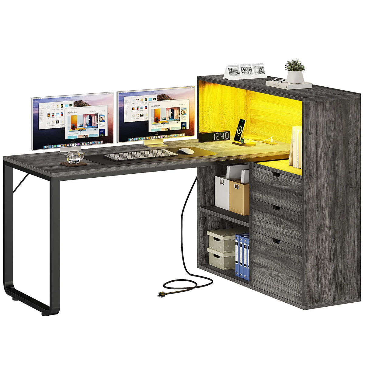 Dextrus L Shaped Desk with Power Outlets & LED Lights, Computer Desk with 3 Drawers and 3 Storage Shelves, White Office Desk Corner Desk for Home Office