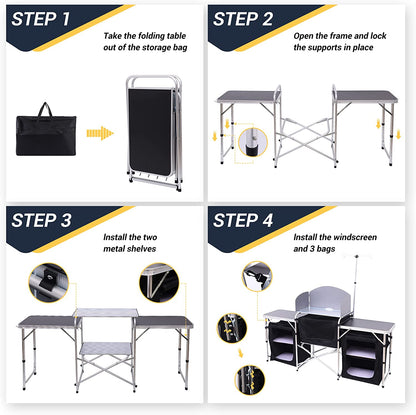 C Camping Kitchen Table, Folding Table, Upgrade Light Stand and Windshield Cooking Station & 3 Organizers, Carry Bag for Outdoor, Beach, BBQ, Picnic, Cooking, Indoor, Office