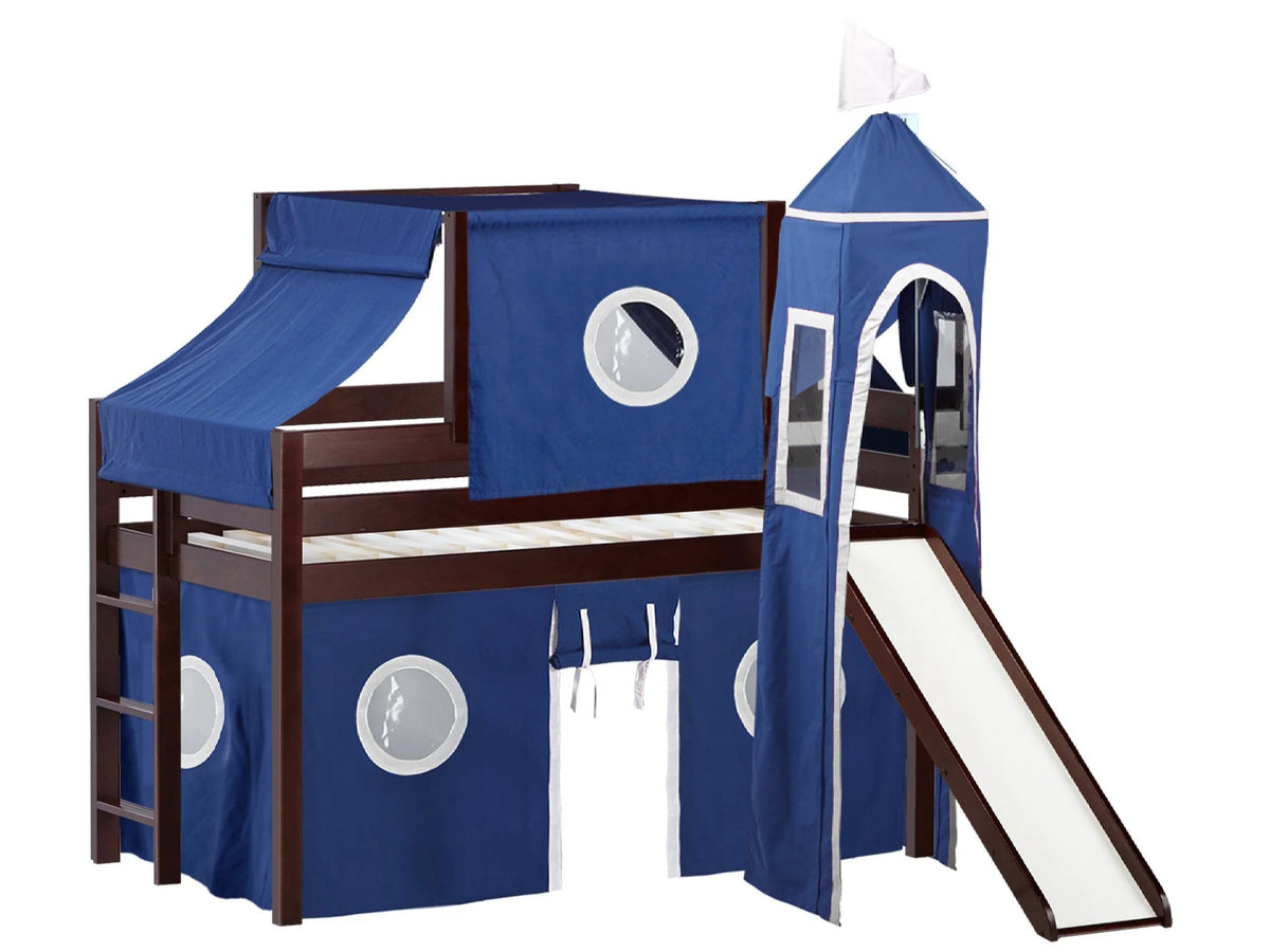 JACKPOT! Castle Low Loft Bed with Slide, Red Yellow and Blue Tent and Tower, Twin, Cherry