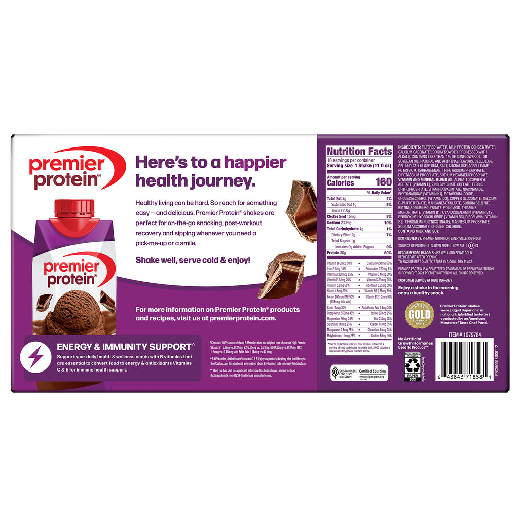 Premier 30g Protein PLUS Energy and Immune Support Shakes, Chocolate, 11 fl oz, 18-pack
