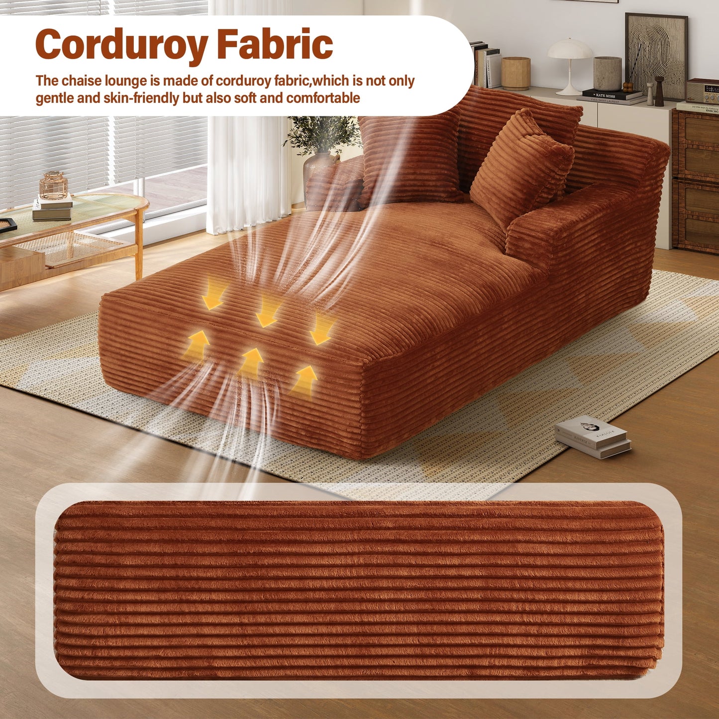 Aukfa 78.7" Extra Long Chaise Lounge Sofa, Oversized Upholstered Couch with 3 Pillows for Indoor Living Room/Bedroom,Orange
