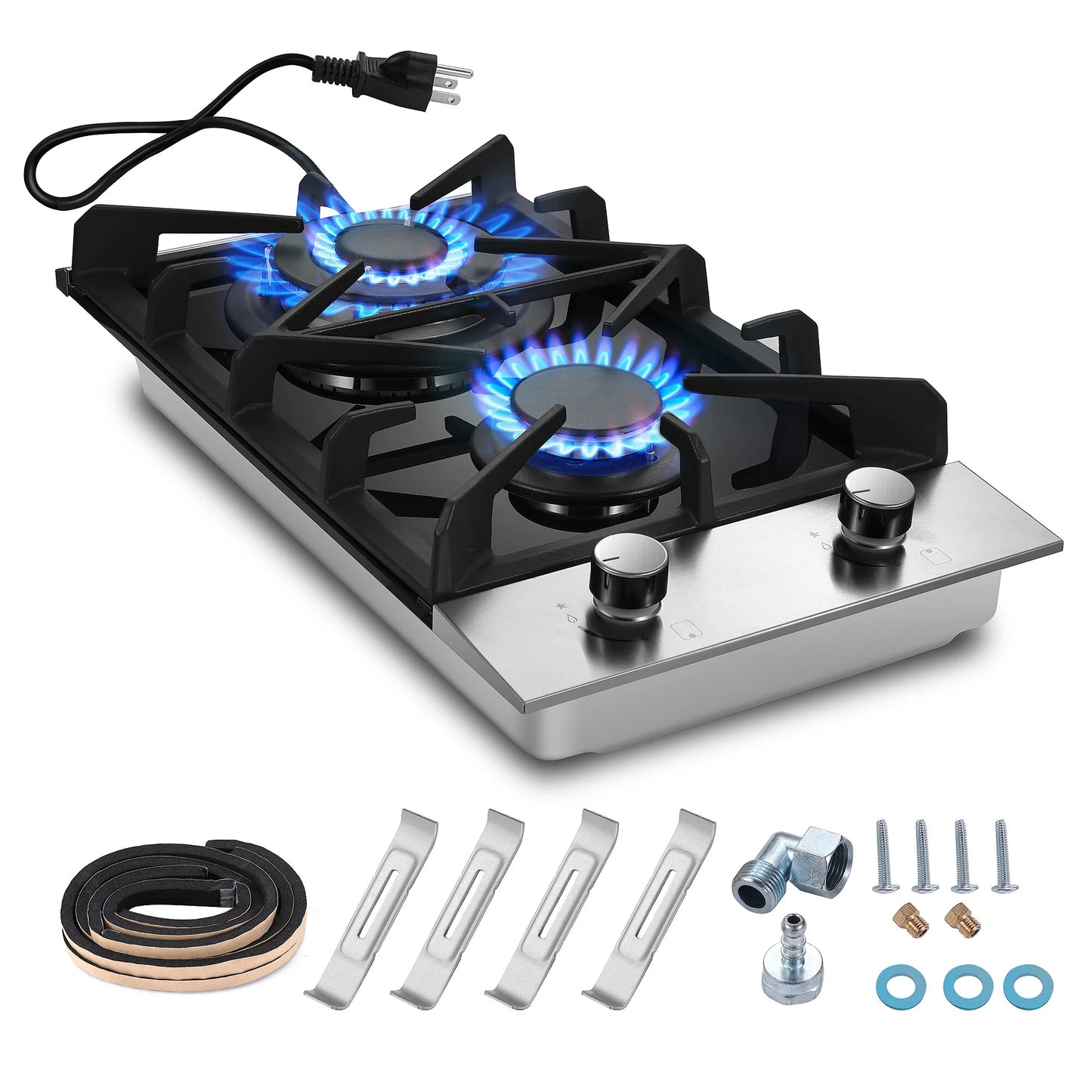 Eascookchef 2 Burners Gas Cooktop Electric Stove Oven 12 inch NG/LP Gas Stainless Flame-Out Proof