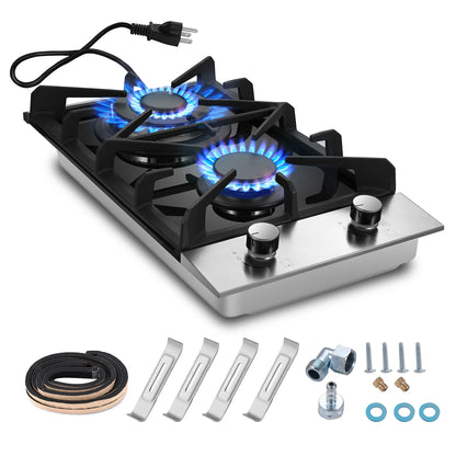 Eascookchef 2 Burners Gas Cooktop Electric Stove Oven 12 inch NG/LP Gas Stainless Flame-Out Proof