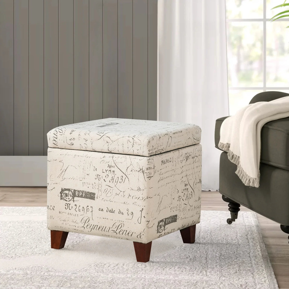 Homebeez Printed Linen Cube Storage Ottoman with Solid Wood Legs, Cube Footstool, Storage Cabinet, 18" H Weight Capacity 300LB Blue